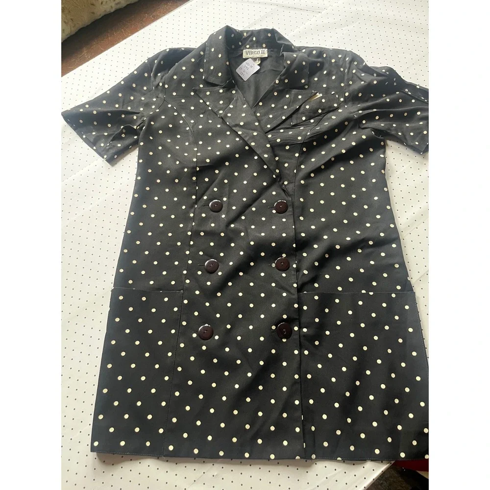 Vintage Virgo 2 Piece Skirt Suit Set Black Polka Dot Short Sleeve Blazer Sz 10
